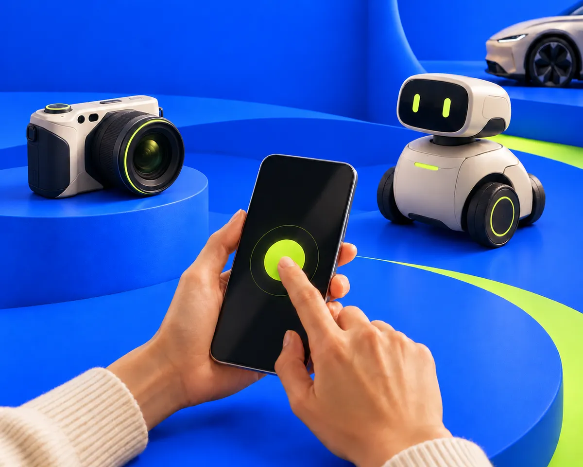 Hands tap a smartphone beside a camera and wheeled robot, with a small glimpse of a car in a sculptural cobalt blue setting